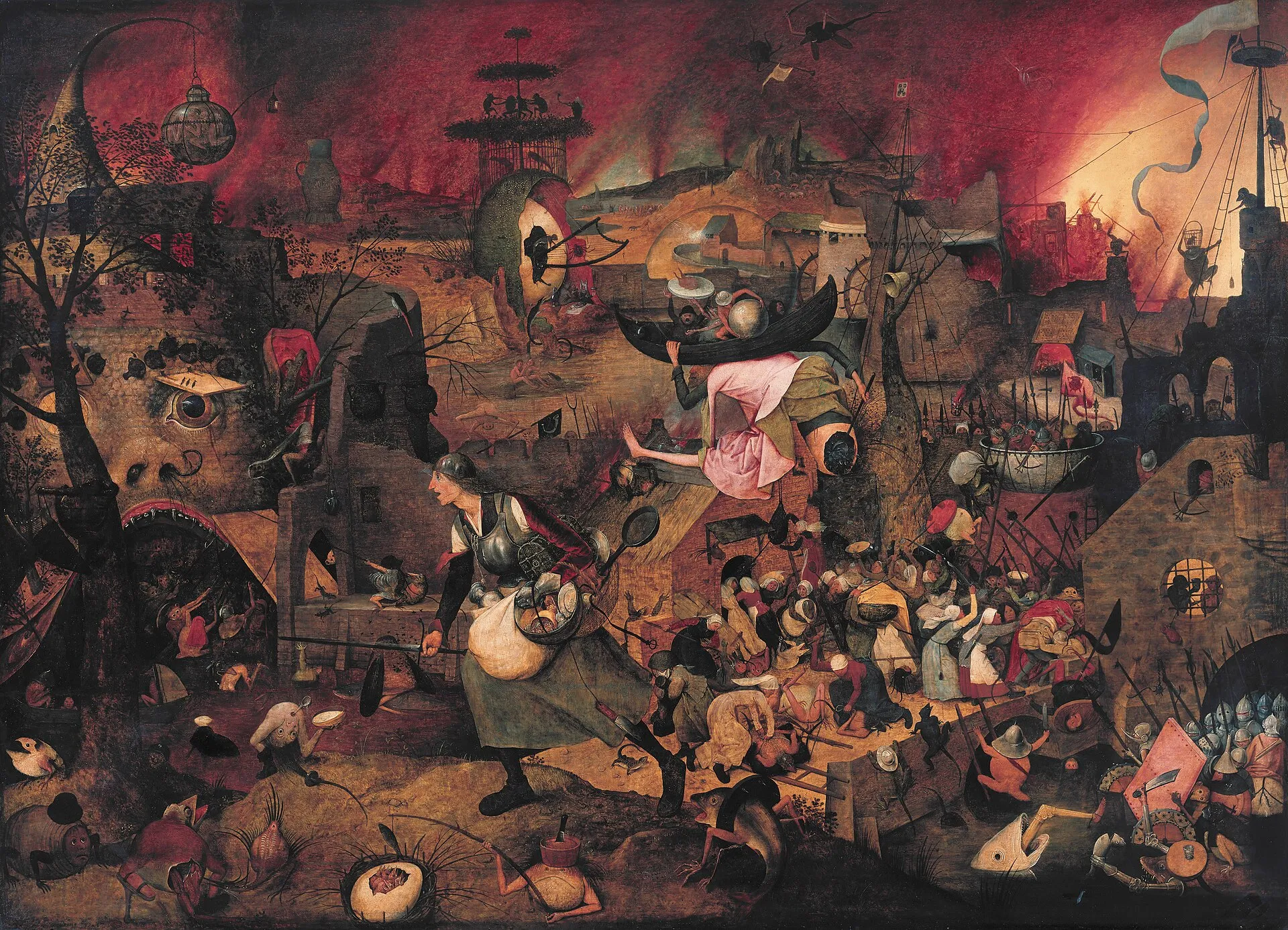 An armed woman striding past the mouth of hell, surrounded by creatures.