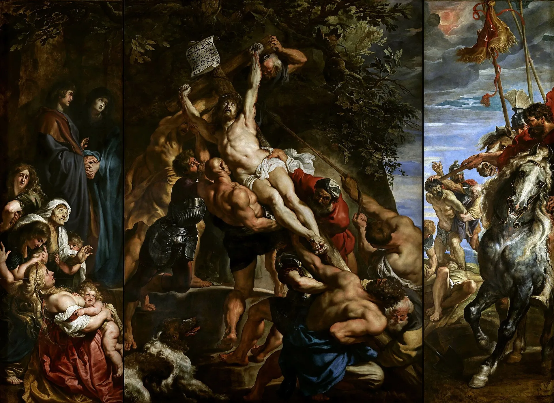 Several men hauling the cross upright on a diagonal, with Christ nailed to it.