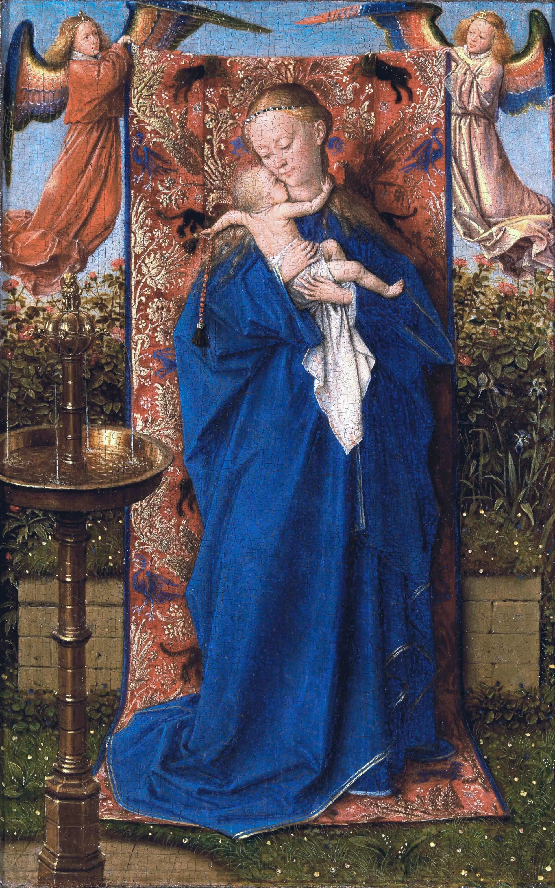 The Virgin holding the Child beside a fountain, against a brocade ground.