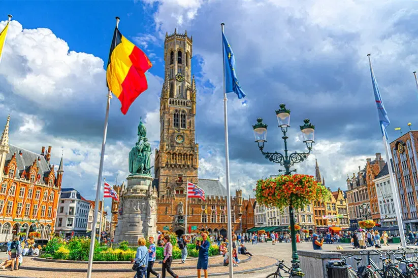 The Belfort bell tower of Bruges seen from the Grote Markt.