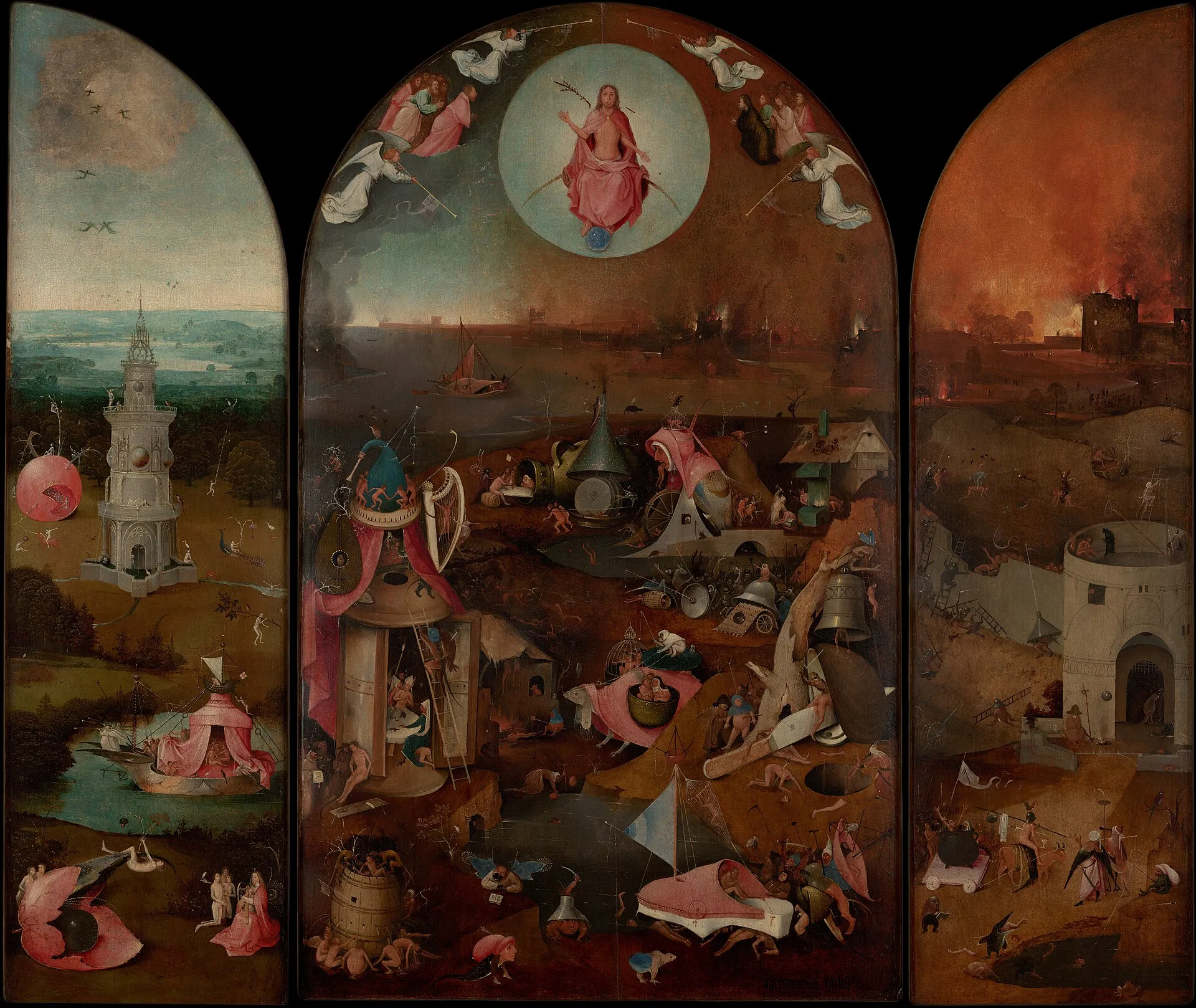 The Last Judgement triptych with infernal scenes across all three panels.