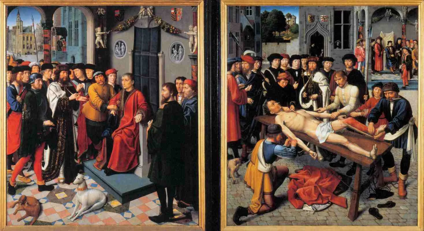 The two panels of the diptych, showing the judge's arrest and his punishment.