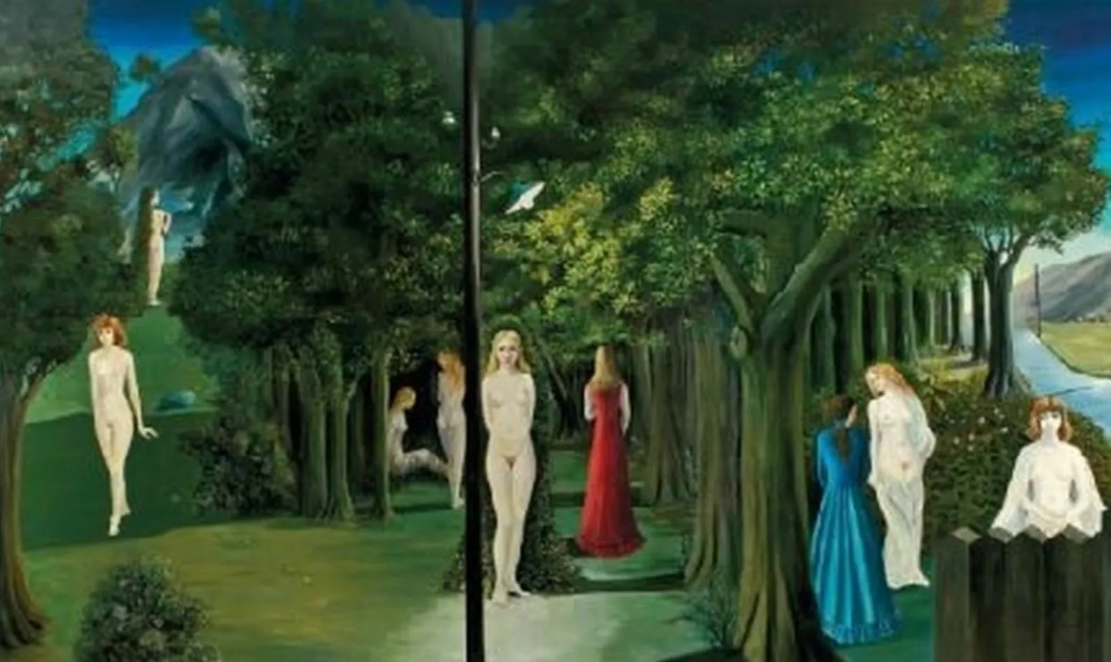 Fragment of Delvaux's fresco with figures beside a railway station.