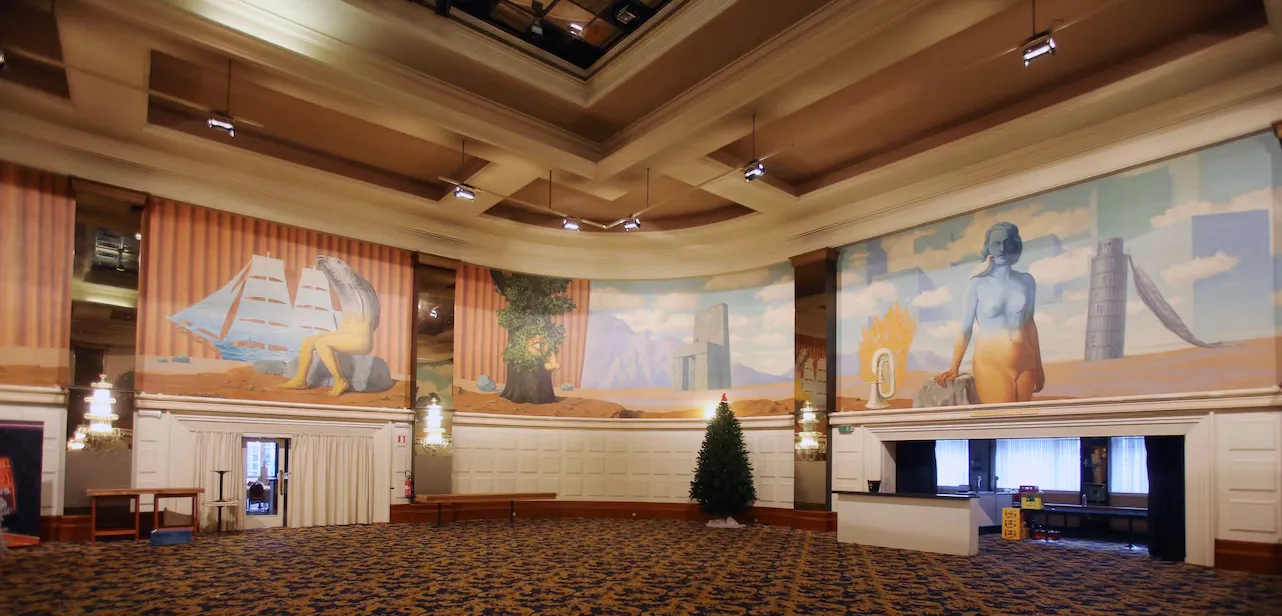 Panoramic view of Magritte's circular mural in the casino hall.